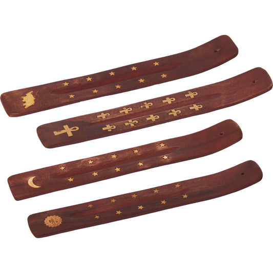 89101 Wood Incense Holder Assorted Brass Inlay