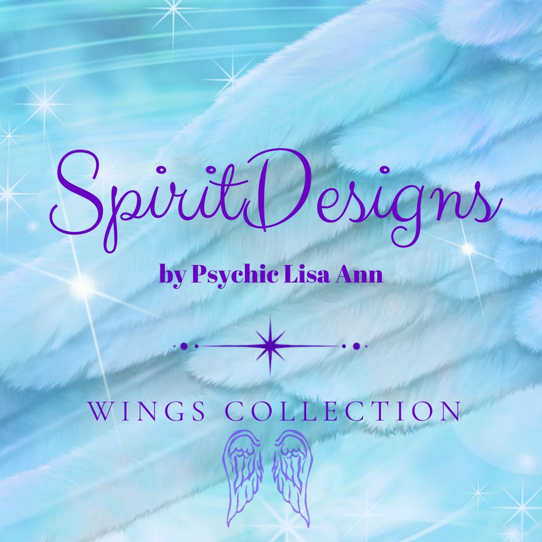 Digital cover art for 'Wings Collection' by Psychic Lisa Ann, featuring purple text over a background of light blue and white angel wings with sparkles.