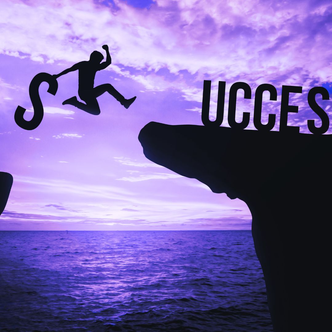 man leaping over water inbetween the word success